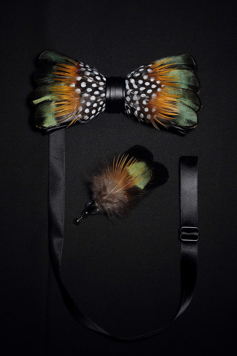 RBOCOTT Handmade Feather Pre-tied Bow tie and Brooch Sets for Men (green/yellow/white) - Image 3